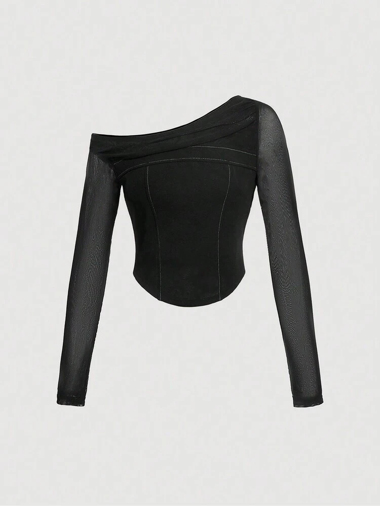 Asymmetrical Neck Contrast Stitch Mesh Sleeve Top