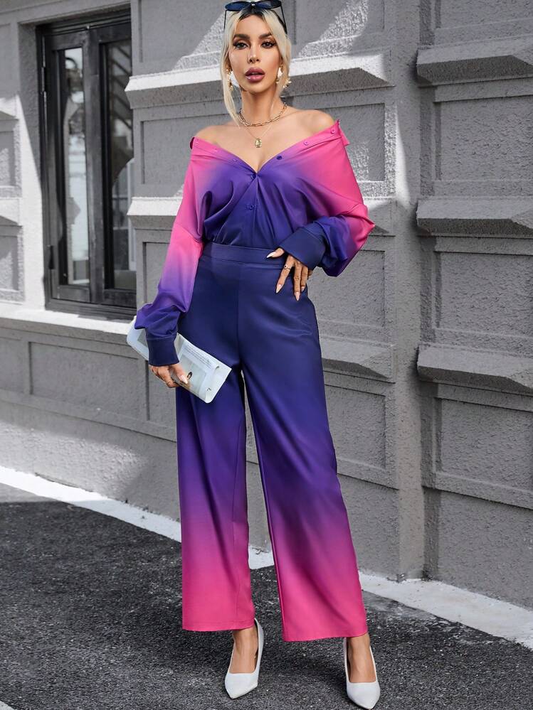 SHEIN Essnce de ombré de hombros caídos Camisa & Pantalones de pierna ancha - Multicolor - Ver 6