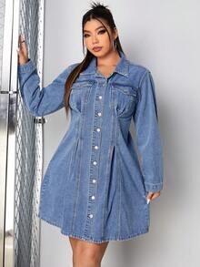 SHEIN ICON Plus Flap Pocket Fold Pleated Denim Dress - Medium Wash - View 6