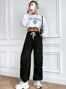 SHEIN Unity Chất rắn Eo dây rút Quần - màu đen - Xem 3