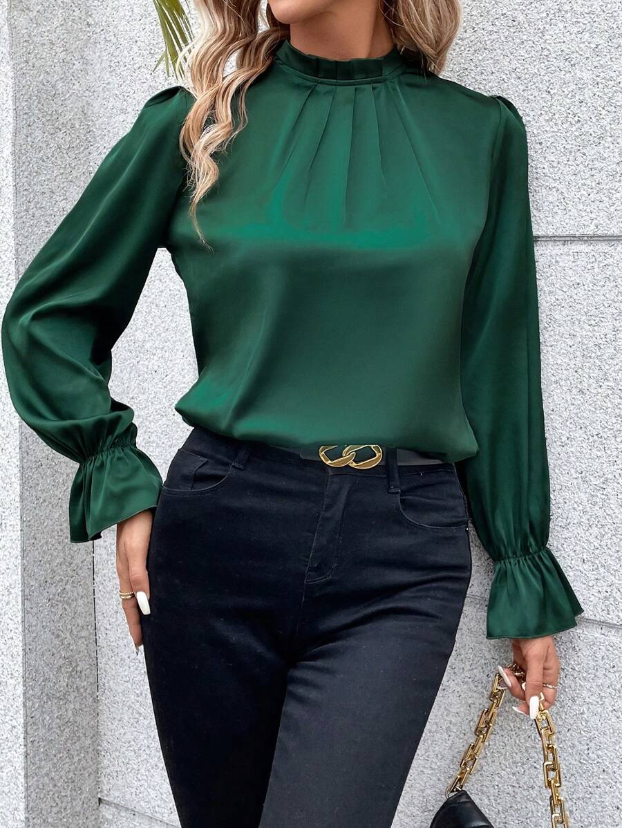 SHEIN Privé Frill Neck Flounce Sleeve Blouse - Green - View 1