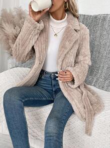 SHEIN LUNE Lapel Neck Single Button Belted Teddy Coat Fall Cloth For Women - Apricot - View 4