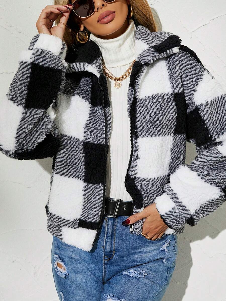 SHEIN Frenchy In kẻ sọc Buffalo Thả vai Flannel Áo khoác - Đen và trắng - Xem 1