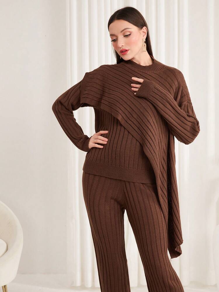 Solid Color Asymmetrical Knitwear Set 2 Piece Set