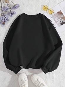 SHEIN EZwear Slogan Graphic Drop Shoulder Sweatshirt - Black - View 2