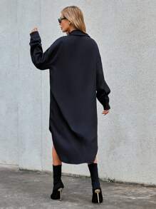 SHEIN Essnce 落肩袖翻蓋口袋高低下擺襯衫洋裝不附腰帶 - 黑色 - 查看 2