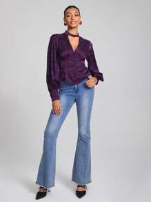 SEPARATE STACKS by DEASJ 花卉提花露肩鐲項燈籠袖上衣 - 紫色 - 查看 3