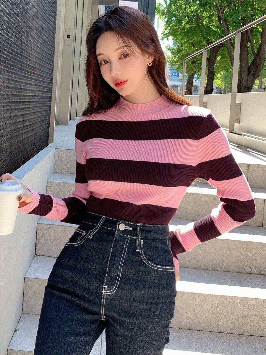 DAZY Jersey con patrón de rayas de cuello alto - Rosa - Ver 1