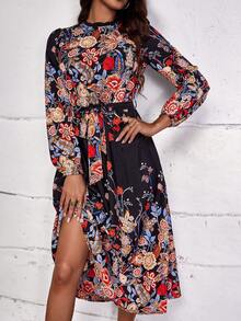 SHEIN LUNE 印花燈籠袖繫腰帶洋裝 - 彩色 - 查看 4