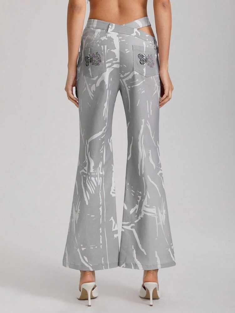 Designer Graphic Print Cut Out Waist Flare Leg Pants, For Summer, Holiday, Vacation, Festival, Ibiza Fits
