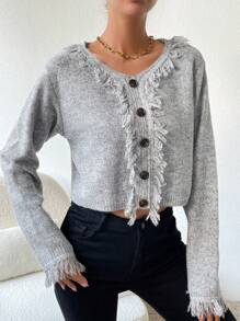 Chiquease 毛边纽扣前开襟短款针织套头衫 秋冬毛衣 - 灰色 - 查看 5