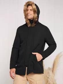 Manfinity VCAY 宽松版型男式毛绒装饰连帽保暖内衬夹克 - 黑色 - 查看 5