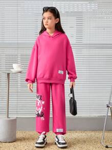 女大童卡通和字母圖案貼布細節衛褲 - 玫紅色 - 查看 3