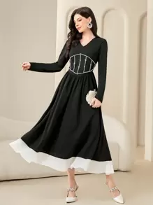 Modelyn 女士珍珠裝飾腰帶連衣裙 - 黑色 - 查看 1