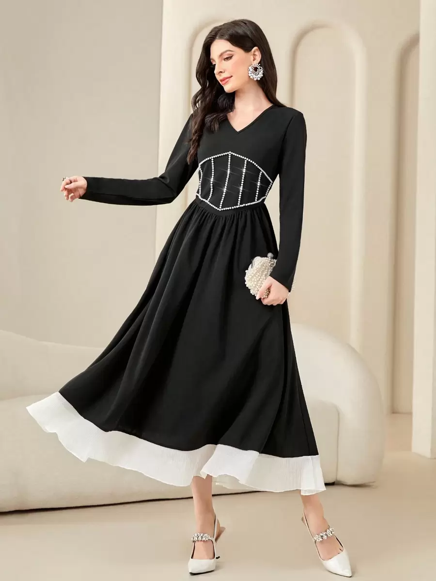 Modelyn 女士珍珠裝飾腰帶連衣裙 - 黑色 - 查看 1