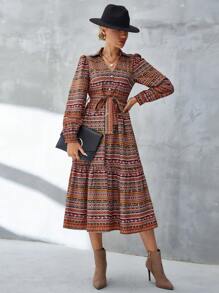 SHEIN VCAY Allover Print Belted Shirt Dress - Multicolor - View 7