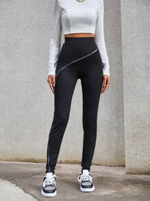 SHEIN Essnce 拉鏈細節緊身打底褲 - 黑色 - 查看 1