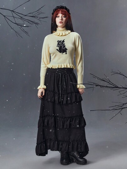 Goth Jersey con patrón de dibujos animados bajo con fruncido