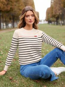 SHEIN Frenchy Mẫu sọc Thêu Tim Áo len - Nhiều màu - Xem 1