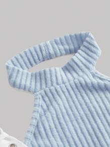 SHEIN MOD Chất rắn Chi tiết nút buộc Đồ đan Ribbed Áo hai dây - Màu xanh lam - Xem 3
