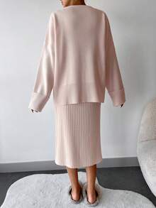 EURMUSE Conjunto informal de 2 piezas de camiseta de manga larga con hombros caídos y pantalones de unicolor para mujer - Rosa - Ver 2