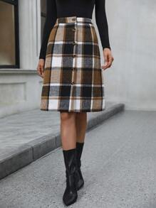 SHEIN LUNE 格紋印花前紐扣直筒半身裙 - 彩色 - 查看 3