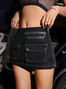 SHEIN ICON Flap Pocket Zip Detail Mini Skirt - Black - View 3
