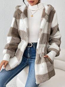 SHEIN LUNE 大方格圖案腰部抽繩連帽絨毛外套
