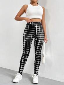 SHEIN Unity Grid Print Elastic Waist Leggings - Black - View 3