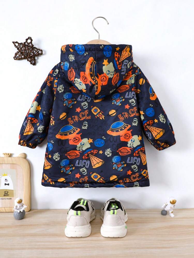 Fashionable Hooded Jacket With Cartoon Print And Inner Lining For Baby Boys
