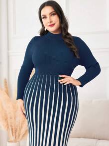 Modelyn Plus Size Women's Striped Bodycon Sweater Dress - Royal Blue - View 6