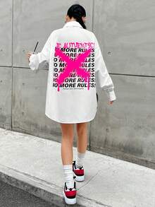 SHEIN Coolane Slogan Graphic Drop Shoulder Oversized Shirt - White - View 5