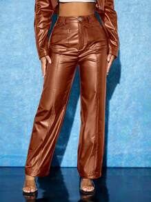 SHEIN PETITE Patch Pocket Seam Front Pants ,Petite Women - Brown - View 6