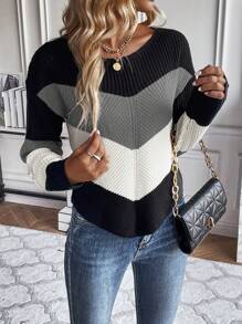 SHEIN LUNE Khối màu Curved Hem Thả vai Áo len - màu đen - Xem 1