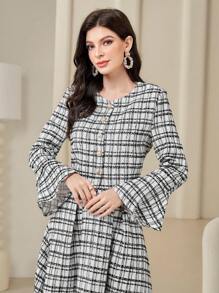 Modelyn 女性格紋印花釦扣襯衫，搭配喇叭袖和裙子的套裝 - 彩色 - 查看 5