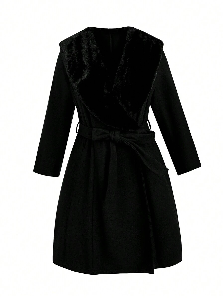 SHEIN LUNE 大碼毛茸茸大翻領腰帶花呢外套 - 黑色 - 查看 1