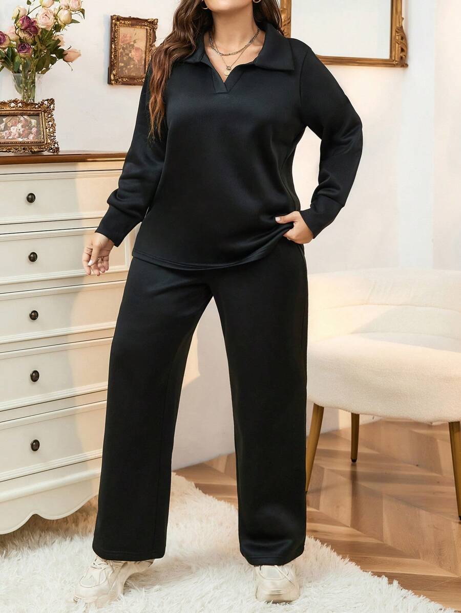 Calvaya 1 Set de sudadera de cuello vuelto de manga larga y pantalón de chándal de unicolor, conjunto casual de 2 piezas con forro térmico para mujer de talla grande - Negro - Ver 1