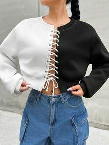 SHEIN EZwear Của phụ nữ Khối màu Thánh giá Dây đeo Áo nỉ - Đen và trắng - Xem 3