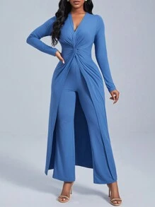 SHEIN Clasi 前扭結長款T恤和褲子 - 霧霾藍 - 查看 1