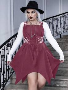 PUNK Plus Lace Up Front Asymmetrical Hem Overall Dress Without Tee - Burgundy - View 3