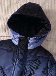 SHEIN Young Boy Astronaut & Letter Graphic Hooded Thermal Lined Zipper Padded Coat Without Sweater - Dark Grey - View 5