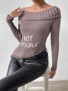 Chiquease Letter Embroidery Foldover Off Shoulder Ripped Asymmetrical Hem Knit Pullover Fall Winter Sweater - Coffee Brown - View 5
