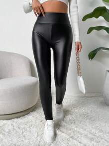 Chiquease Solid Thermal Lined PU Leather Pants
