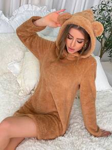 3D Ear Design Hooded Flannel Sleep Dress, For Fall Winter, Fluffy, Cozy - Brown - View 4
