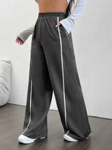 SHEIN EZwear 拼接側邊接縫闊腿衛褲 - 灰色 - 查看 3