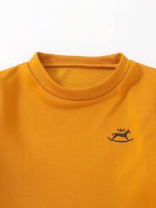 SHEIN 2 件套年轻男孩可爱休闲黄色刺绣运动衫和黑色裤子舒适服装，秋冬 - 黃色 - 查看 5