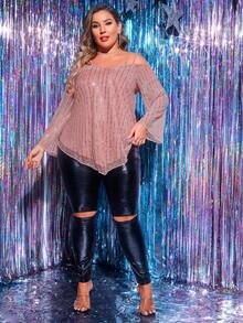 Slaydiva 大碼挖肩不對稱下擺亮片襯衫 - 粉色 - 查看 3