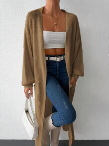 EURMUSE Solid Color Drop Shoulder Cardigan Sweater - Beige - View 6