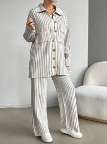 EURMUSE Women's Fashion Casual Striped Sweater & Pants 2 Pieces Set - Apricot - View 5