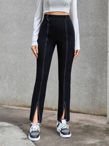 SHEIN Essnce 女性高開叉直筒長褲 - 黑色 - 查看 4
